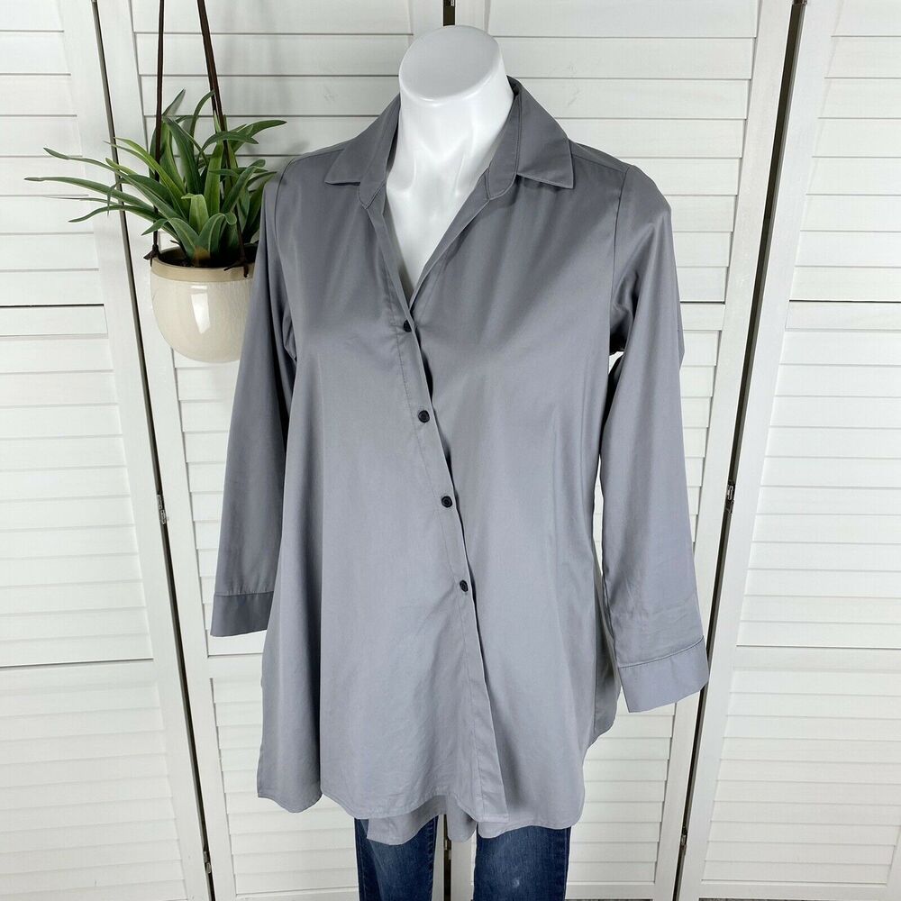 Comfy USA‎ Gray Bristol Shirt Button Poplin Tunic Top Asymmetric Hem Size XS